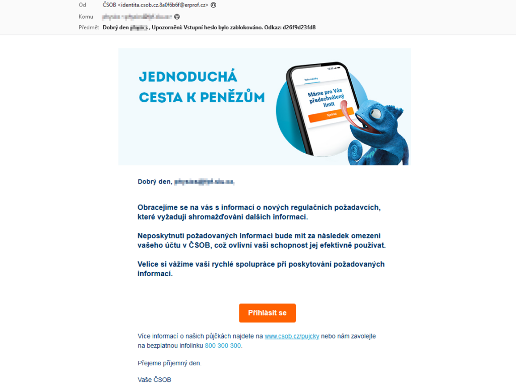 Podvodná e-mailová výzva k aktivaci zablokovaného bankovnictví.