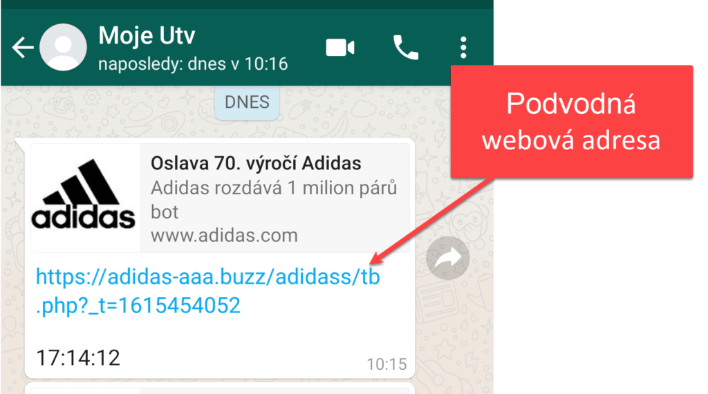 WhatsApp zpráva s odkazem na podvodnou stránku.