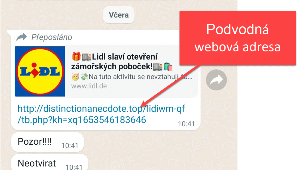 Další ukázka chatové zprávy, která láká na otevření odkazu.