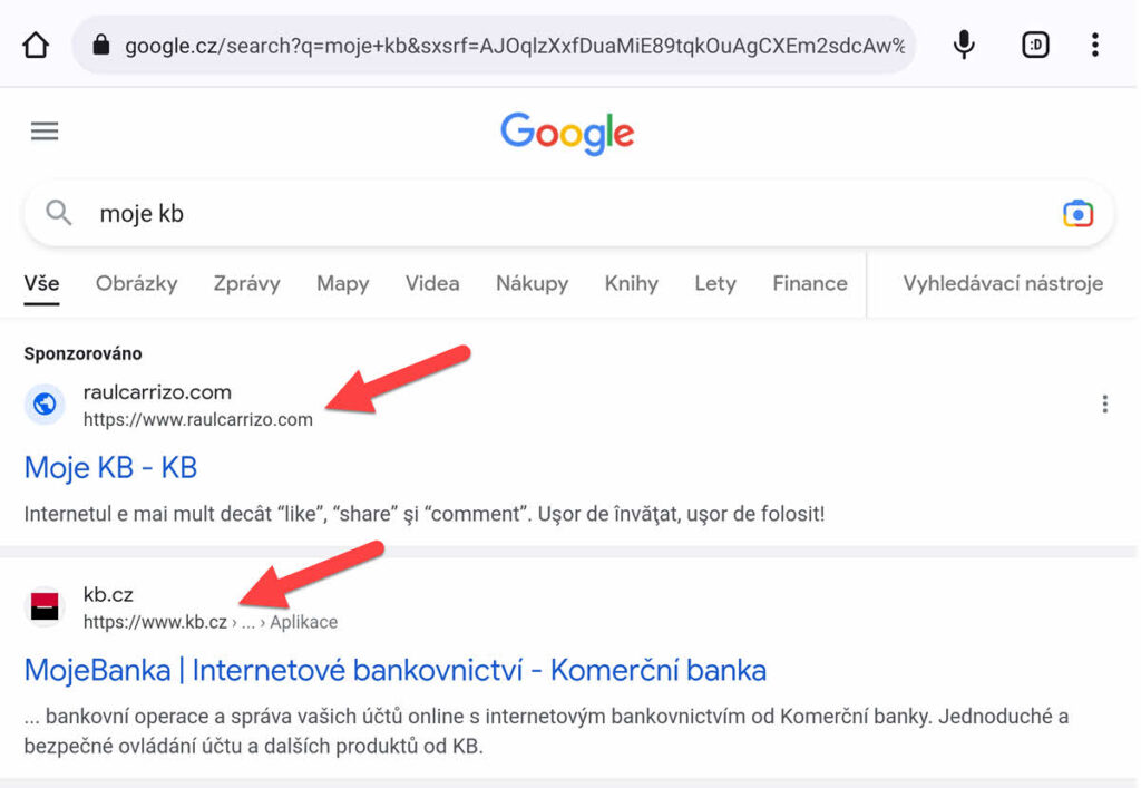 Výsledek vyhledávání s podvodným odkazem na bankovnictví.