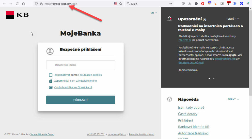 Podvodná stránka napodobuje přihlašovací obrazovku banky.