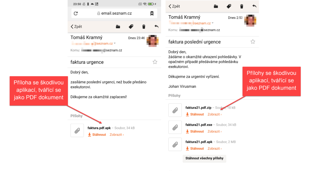 E-mail s přílohou, která se vydává za fakturu s nedoplatkem.