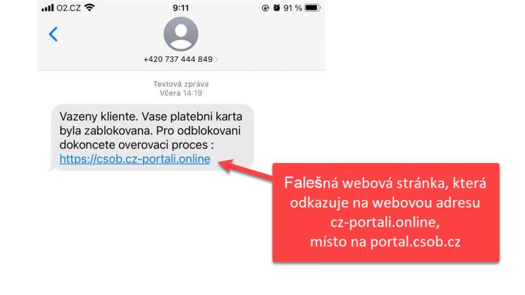 SMS tvrdí, že platební karta byla zablokovaná, a vede na falešnou adresu.