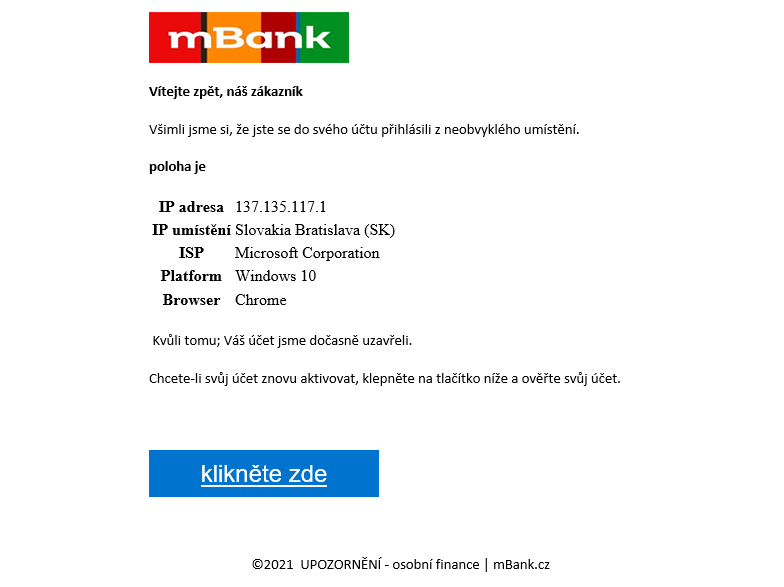 Falešná bankovní zpráva žádá ověření účtu přes odkaz.