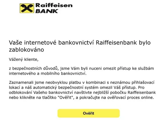 Falešná výzva Raiffeisenbank tvrdí, že internetové bankovnictví bylo zablokováno.