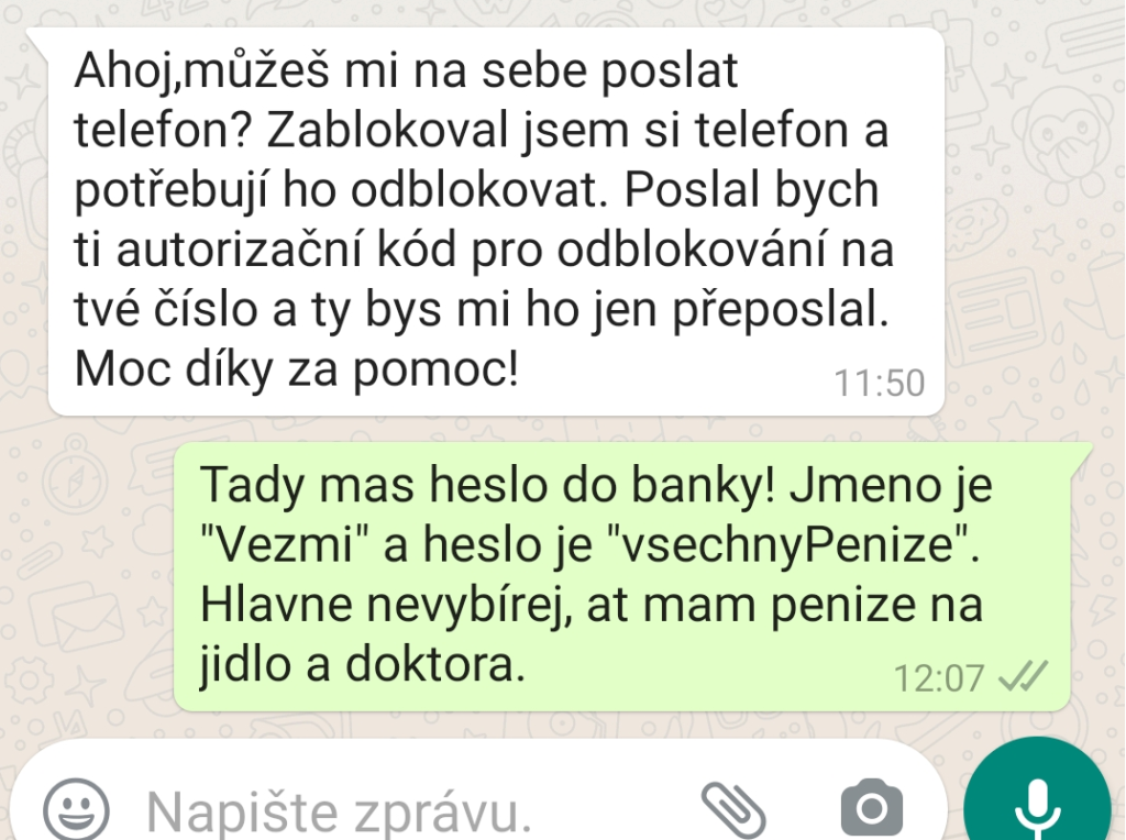Zpráva žádá o zaslání citlivých nebo přístupových údajů.