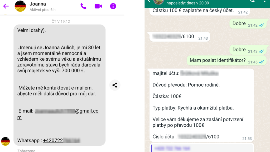 Falešný dar nebo převod peněz pokračuje požadavkem na poplatek přes chat.