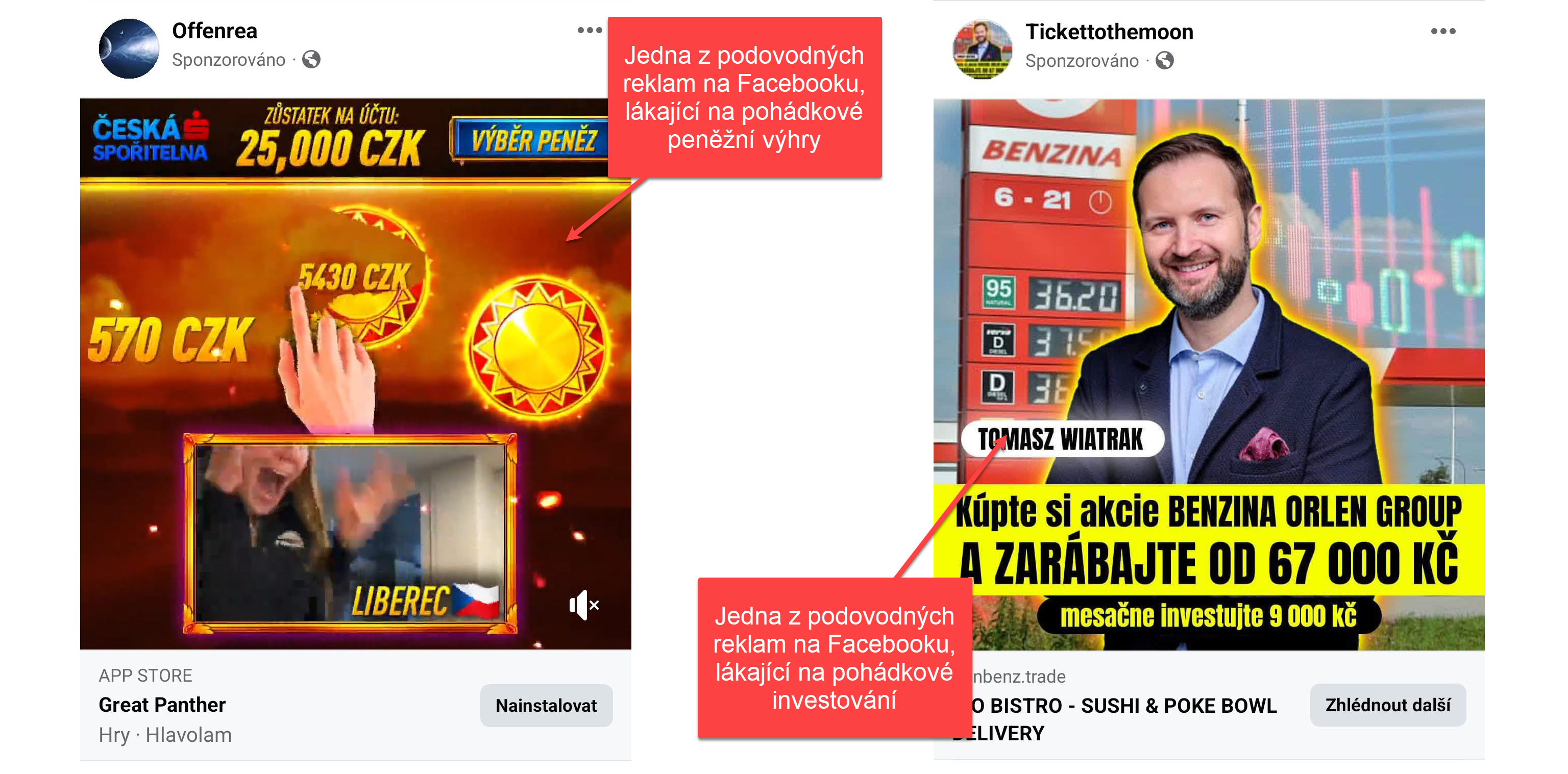 Podvodné reklamy slibují rychlé výdělky nebo výhry.