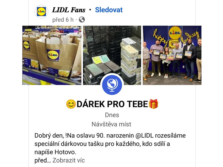 Falešná facebooková stránka láká na dárek zdarma.