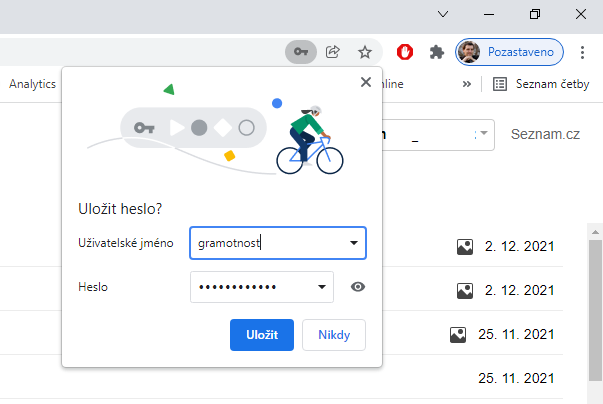 Výzva k uložení hesla ve webovém prohlížeči Google Chrome.
