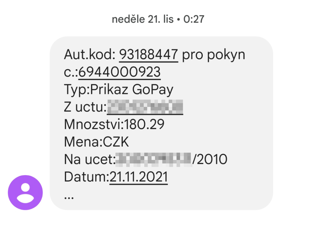 Autorizační kód k přihlášení do internetového bankovnictví.