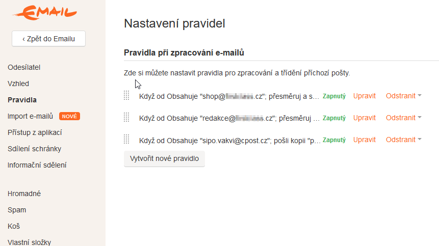 Detail nastavení pravidel v e-mailové schránce Seznam.cz.