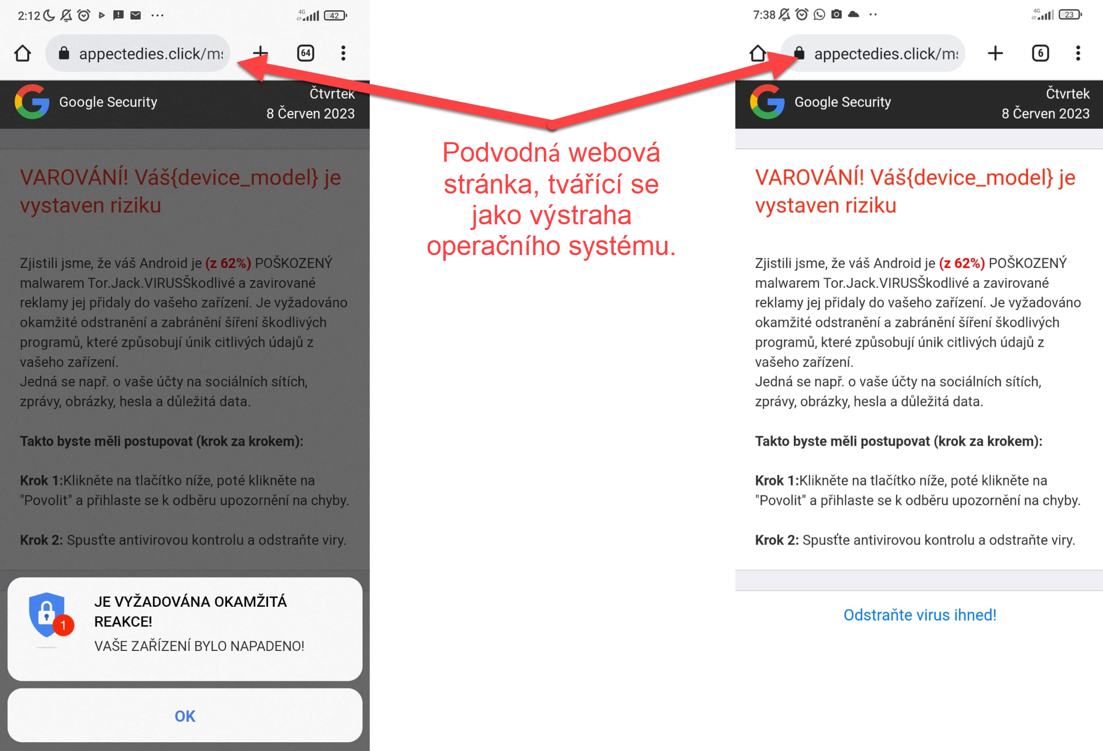 Falešná webová výstraha tvrdí, že je Android napadený virem.