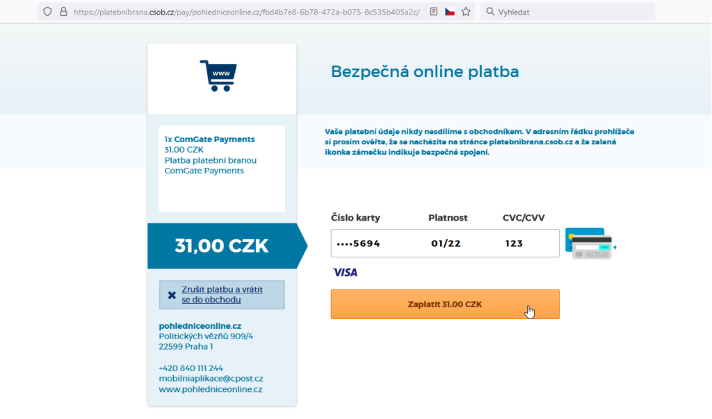 Detail platební brány na internetu.