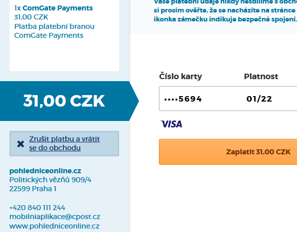 Údaje platební karty se zadávají jen na ověřené platební bráně.