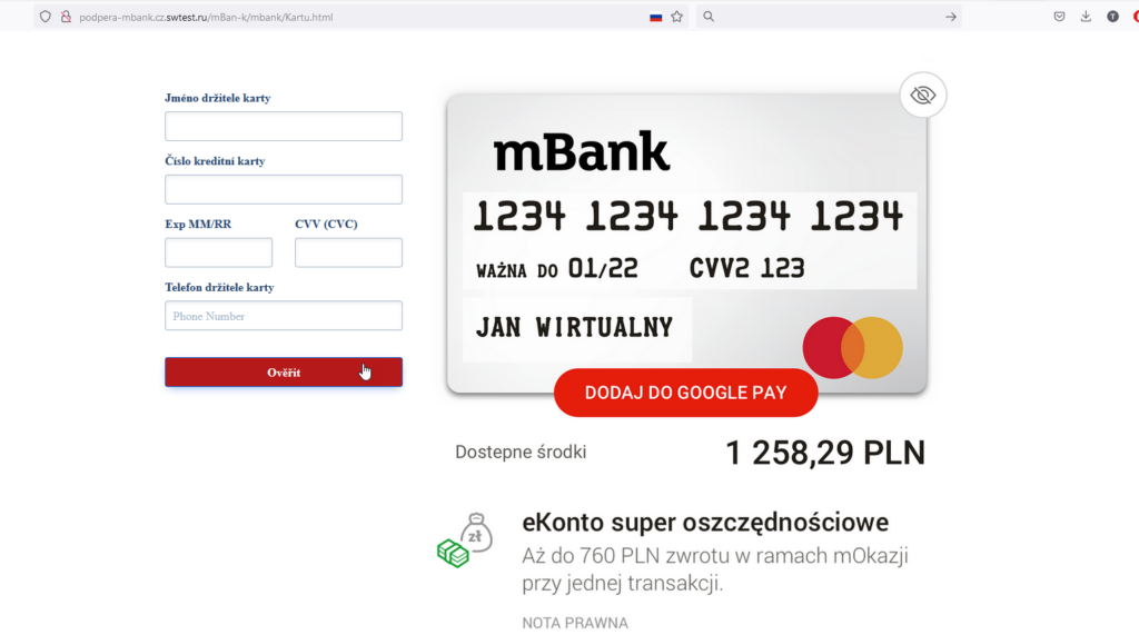 Podvodná stránka slouží k získání údajů z platební karty.