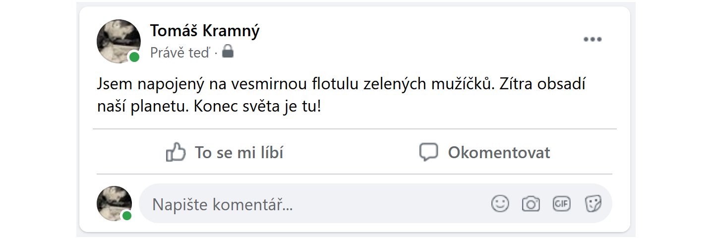 Příklad fake news příspěvku na sociální síti Facebook.