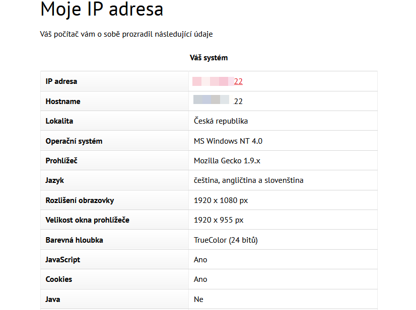 Informace o uživateli, které lze získat při prohlížení internetových stránek.