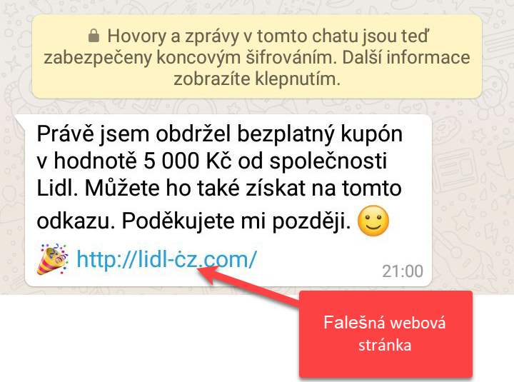 Falešná zpráva v aplikaci WhatsApp s podvodným odkazem.