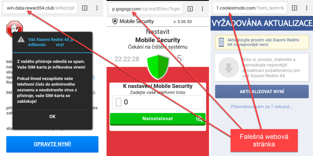 Podvodná webová stránka se snaží vystrašit a vylákat telefon, kartu nebo instalaci škodlivé aplikace.