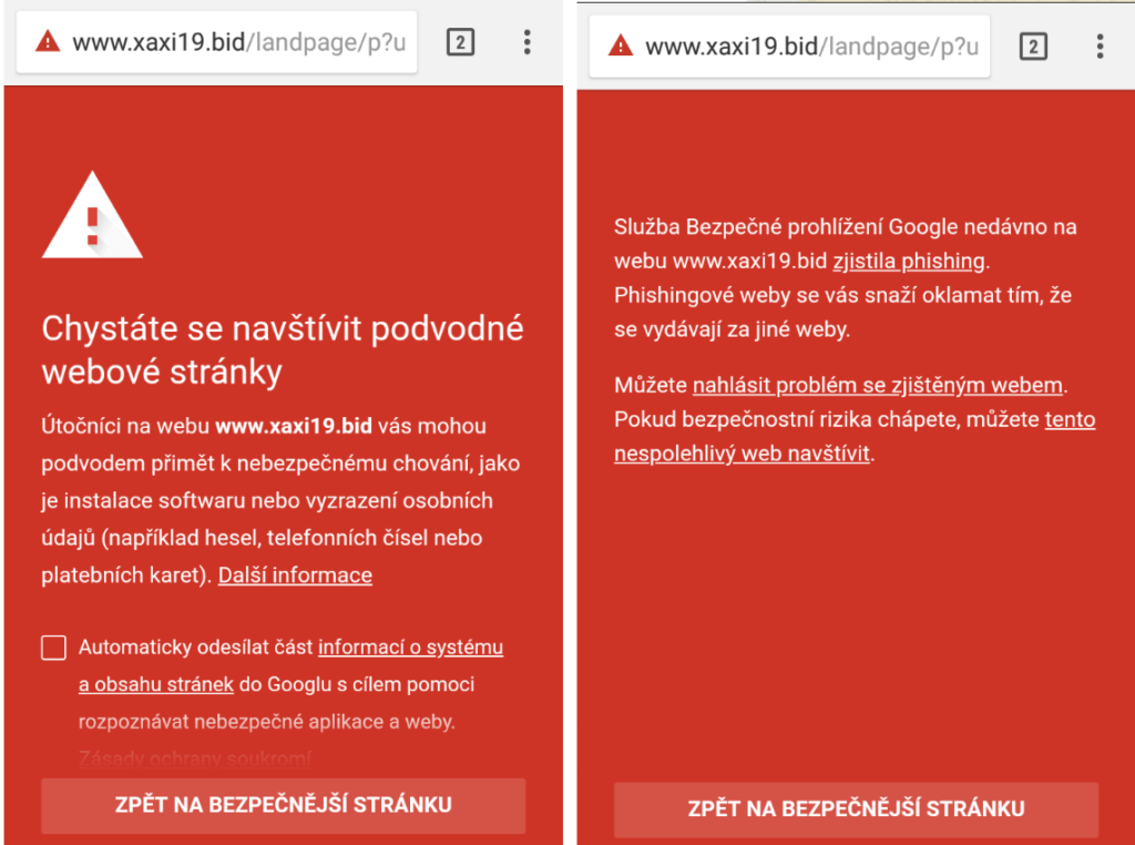 Varování prohlížeče před nebezpečnou nebo podvodnou stránkou.