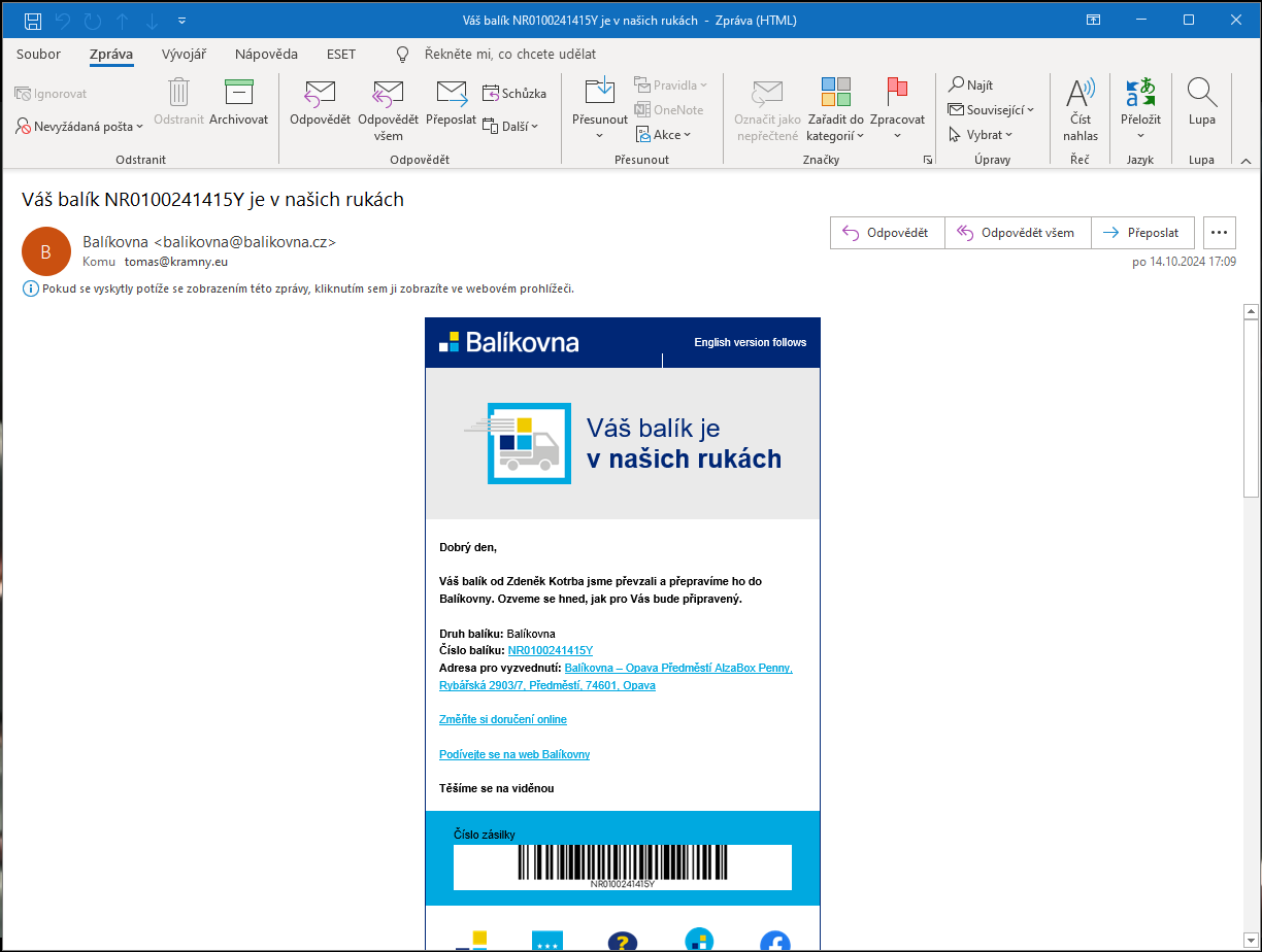Ukázka e-mailu v CORE verzi