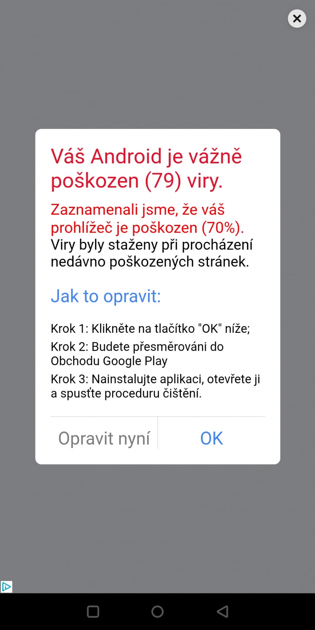 Reklama v mobilu straší vysokým počtem virů a tlačí na instalaci aplikace.