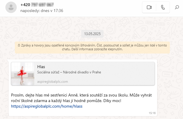 Náhled podvodné stránky s falešnou soutěží přes WhatsApp
