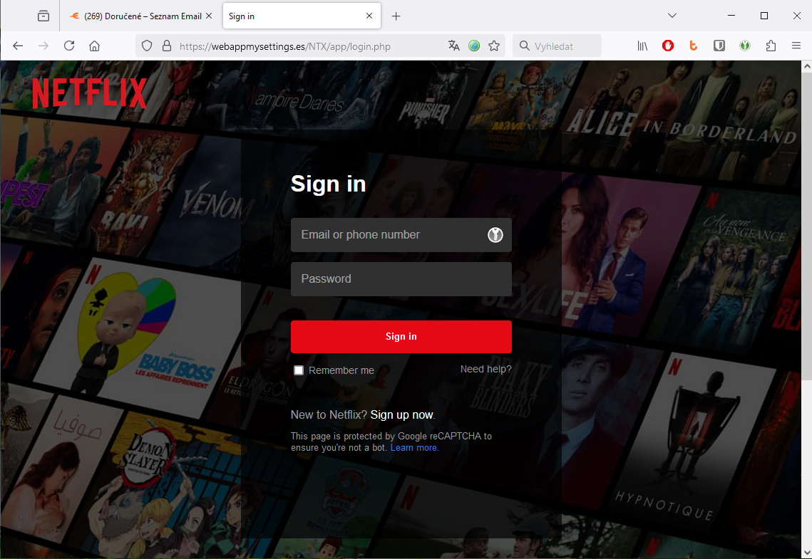 Náhled phishingové stránky Netflix