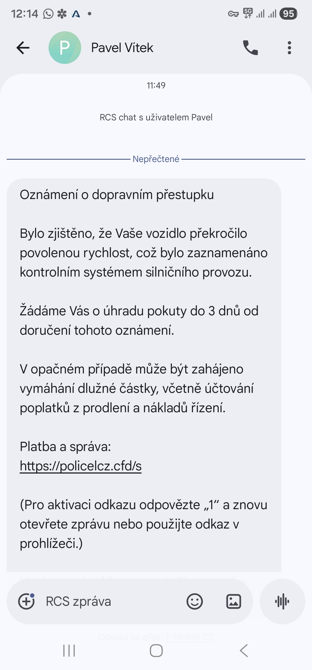 Náhled podvodné SMS zprávy
