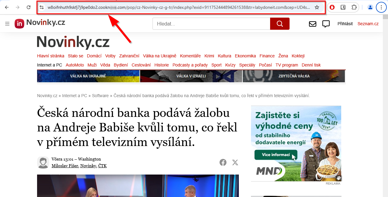 Náhled phishingové stránky napodobující zpravodajský web