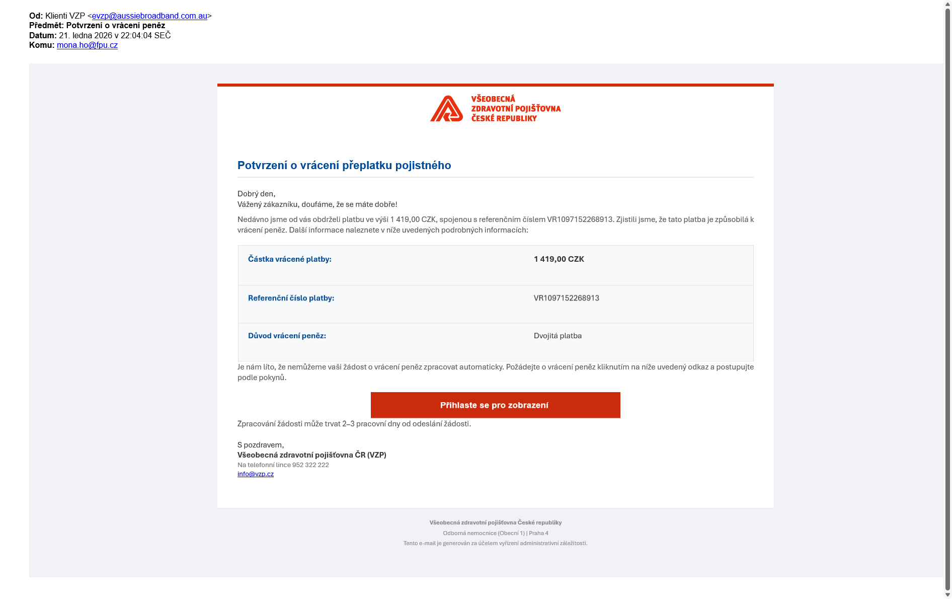 Náhled e-mailu s falešnou refundací VZP